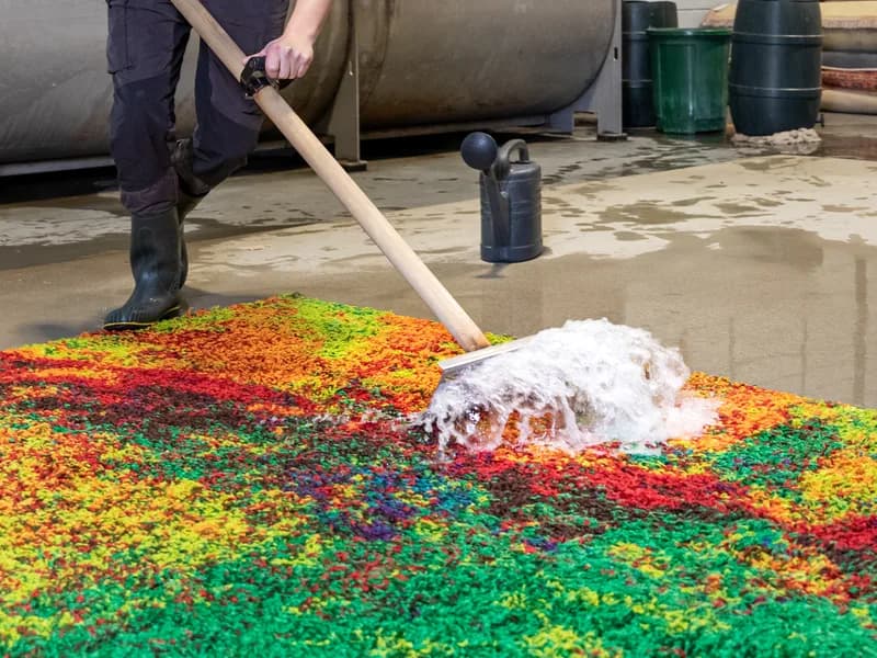 Kleda specialist reinigt vloerkleed met de hand in professionele wasserij